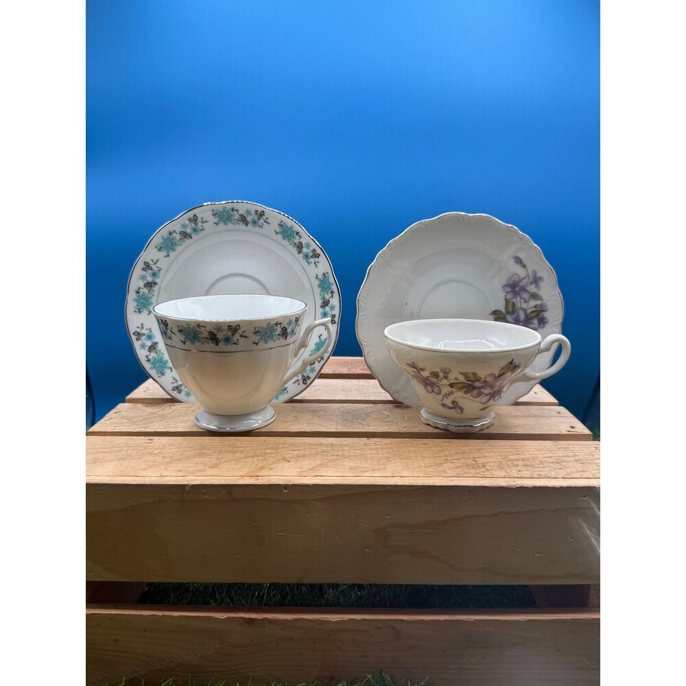 Vintage Porcelain Teacup &Saucer Sets-Lot of 2-Made in Japan-Blue Floral Violets